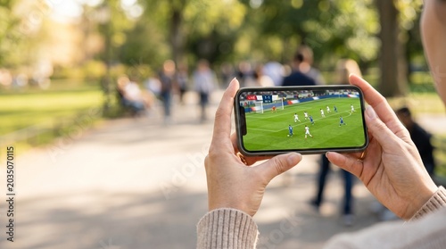 Person capturing vibrant green park scene on smartphone in bright daylight