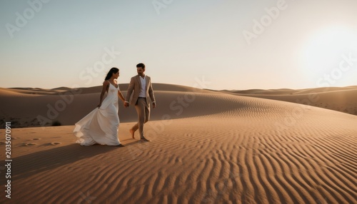 Bride and groom walking in the desert dunes hand in hand during golden hour sunset, representing a modern romantic destination wedding adventure and elopement concept
