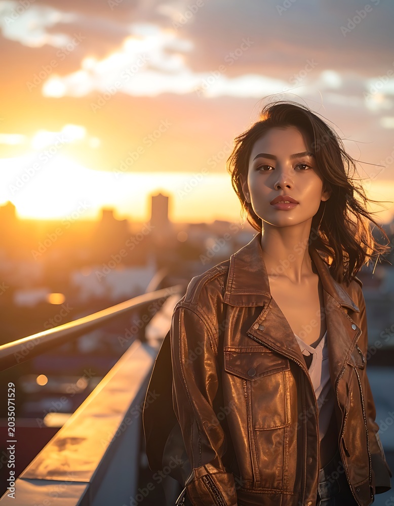 Obraz premium Young woman standing on rooftop during sunset.