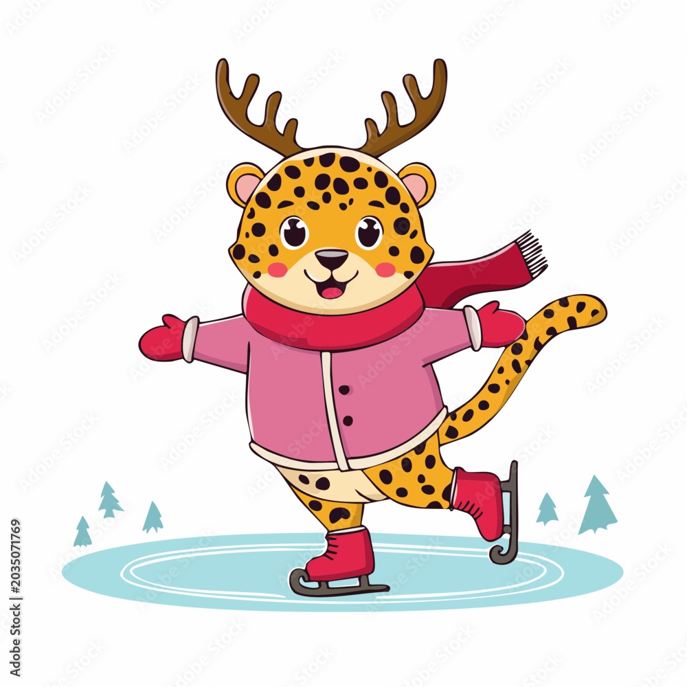 Fototapeta premium Cute cartoon leopard ice skating with reindeer antlers and scarf