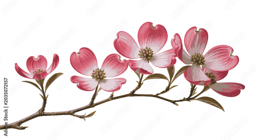 Obraz premium Dogwood Blossom Branch: A delicate branch showcases a cluster of exquisite dogwood blossoms, their vibrant pink and white petals unfurling gracefully, exuding spring's gentle beauty.