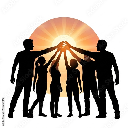 Silhouetted business people stand in a field with arms raised, celebrating an achievement together ,Teamwork in action silhouette clipart    on white background 