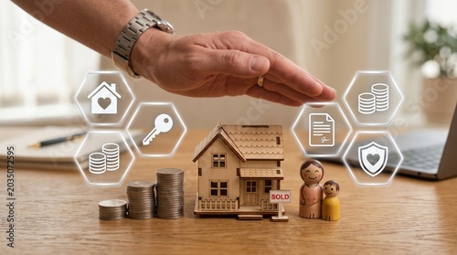Hand placing miniature house model on stacked coins with investment growth icons in home office setting