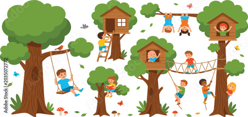 Foto Kids treehouse adventure vector elements set with children playing climbing and