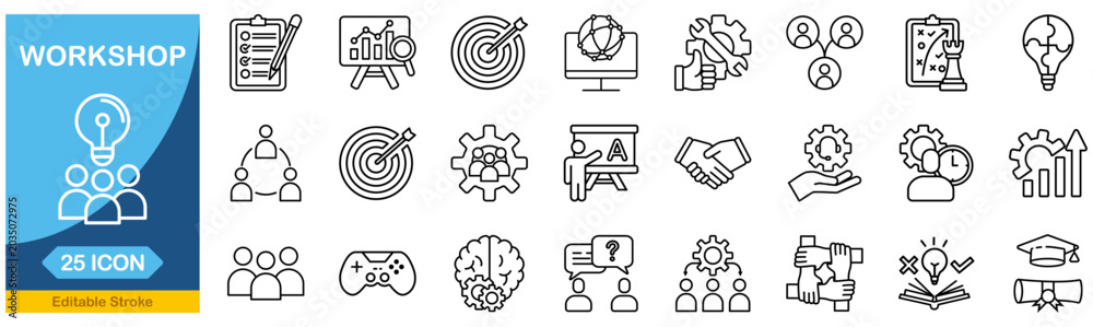 Fototapeta premium Workshop icon set. Editable line icons. Vector illustration.