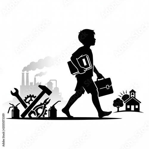 Labour day background with gears and worker chose education end  child labour on white background