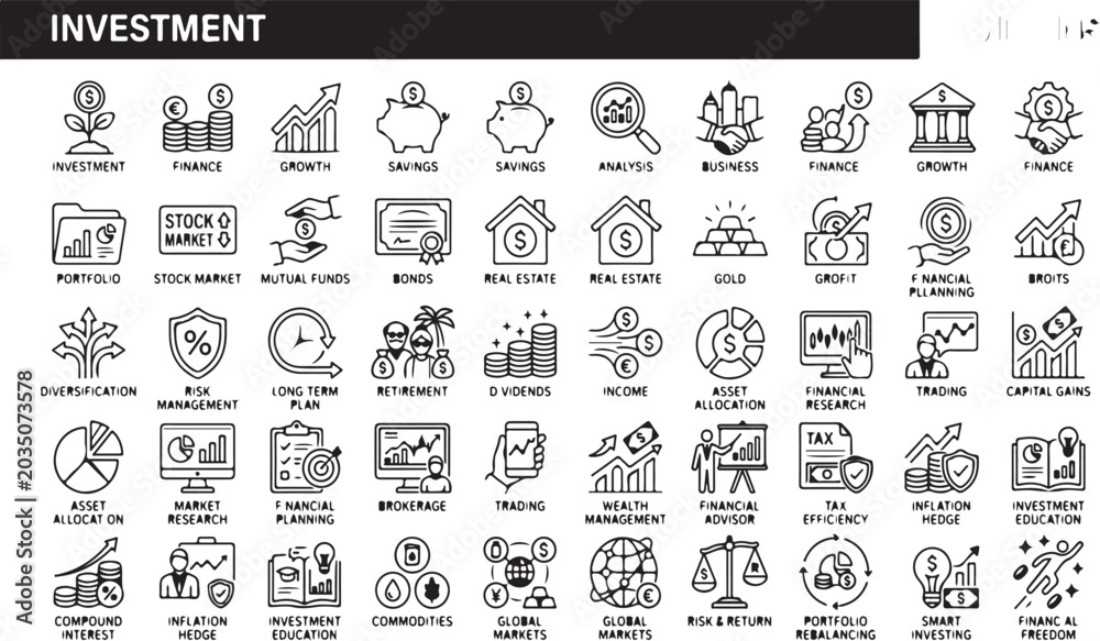 Naklejka premium Business icons showcasing investment, marketing, banking, and growth themes in a vector grid layout. Key financial concepts included.