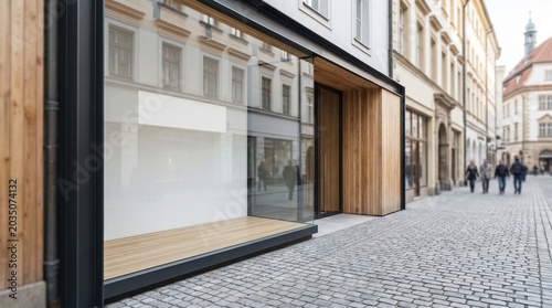 Modern Empty Storefront with Wooden Details on Cobblestone Street