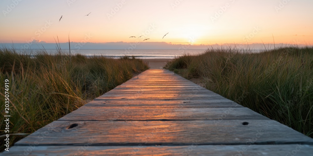 Obraz premium The Boardwalk Leading Through Dune Grasses To A Tranquil Sunset Beach