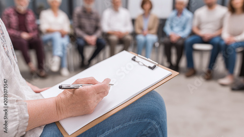 Woman Hold Clipboard and Pen with Group Meeting Support in Background