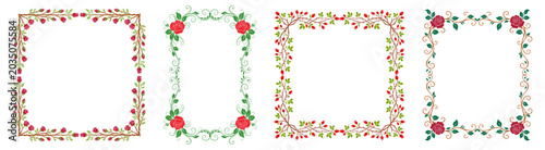 Tableau sur toile Classic frame with square, rectangular borders sharp thorny briar branches, whimsical green vine leaves, curly baroque swirls, symmetrical floral frameworks,  thorny rose branches, red blossoms