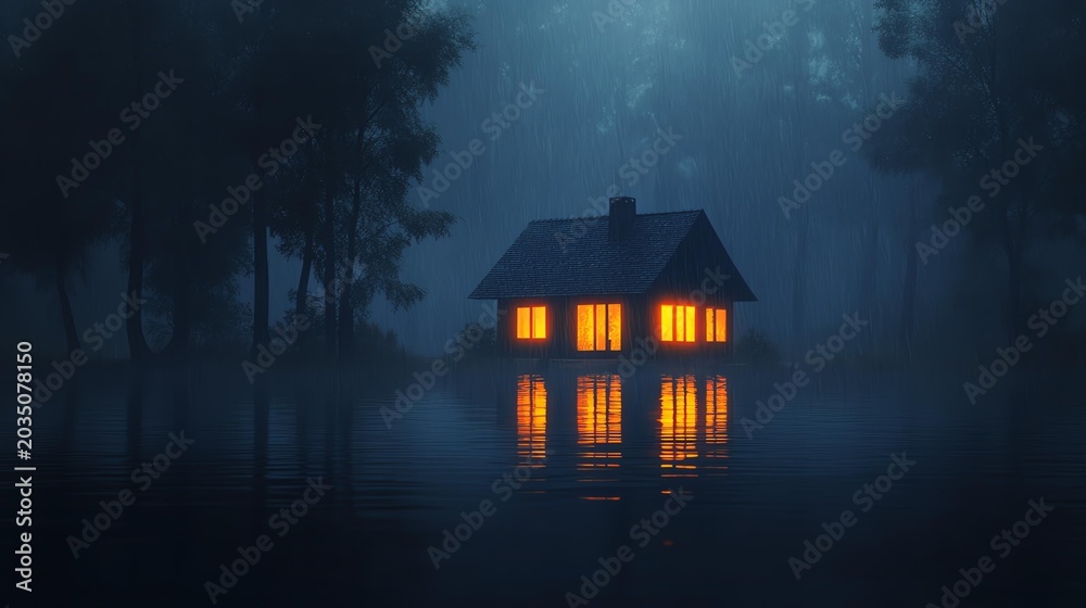 Fototapeta premium A serene house in a misty environment, illuminated windows reflecting in calm water at twilight.