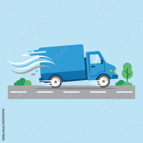 Slika na platnu A blue delivery truck driving quickly along a paved road surface