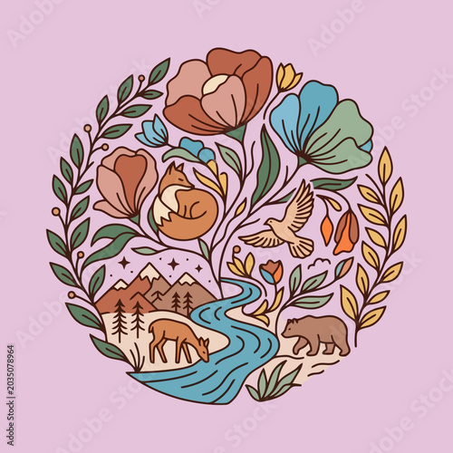 Photography A circular illustration featuring wild animals and blooming flowers