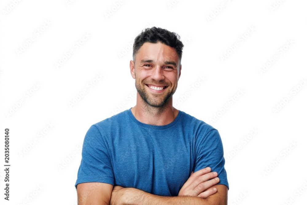 Fototapeta premium The Smiling Man in Blue T-Shirt Standing with Arms Crossed and Friendly Expression