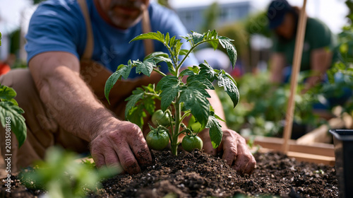 Combat veteran working with peer support specialist in community garden maintained by reintegration nonprofit, hands in soil planting tomatoes, therapeutic horticulture session, raised beds, morning