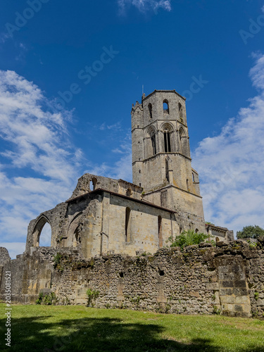 Visitors walk around the historic Abbaye de la Sauve-Majeur in Gironde, France. The ruins stand under a blue sky with clouds, revealing details of the architecture and scenery.