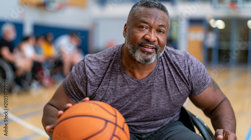 Wheelchair basketball player mid-pass during inclusive sports program practice, accessible gymnasium with lowered hoops, adaptive equipment along sideline, coaches and ambulatory teammates playing a