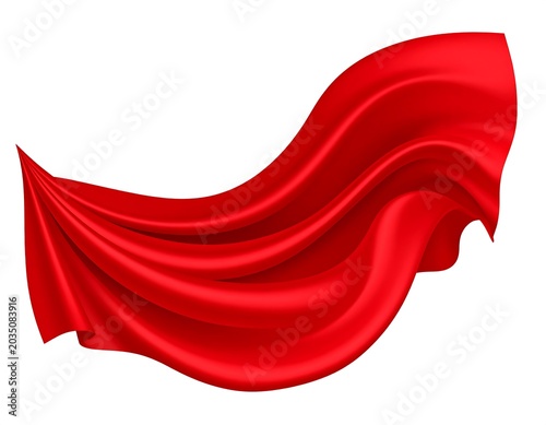 Flowing Red Silk Fabric Draped in Midair on Light Gray Background