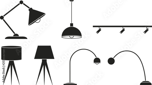 Tableau sur toile Interior home lighting fixtures silhouette icon set with desk lamps pendant chan
