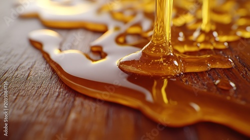 Golden honey drips onto a wooden surface