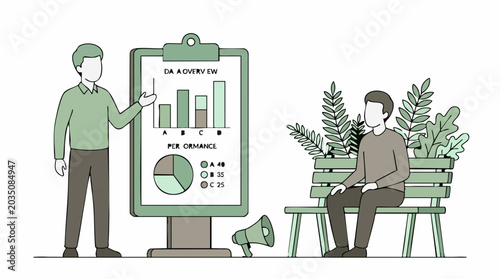 Foto Man presenting business data overview with charts to an attentive audience