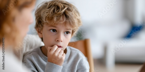 Thoughtful young boy listening to his parent during a serious conversation. Worried child with a concerned expression. Child psychology and family communication concept