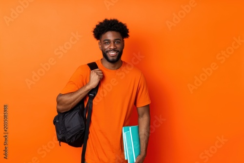 The smiling young student holding books and backpack against vibrant orange background