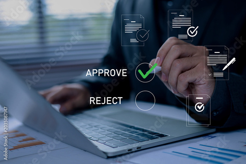 Fotografie Document approval and business review concept with digital approve or reject process, checklist validation, workflow management, compliance, quality control, and decision making