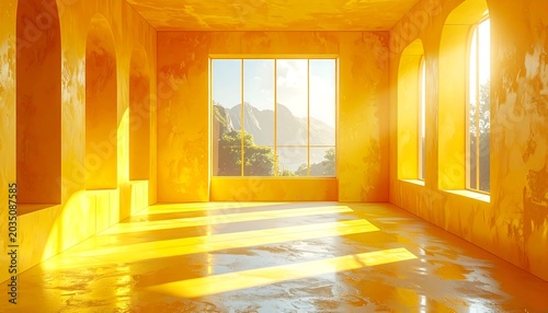 A sunlit, empty room with arched window frames and reflective floors. The view from the expansive window overlooks mountains and greenery
