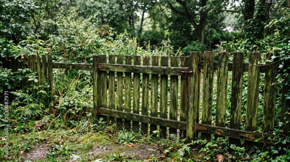 Fototapeta premium Weathered wooden garden gate leaning among overgrown vegetation and mossy undergrowth in shaded woodland boundary