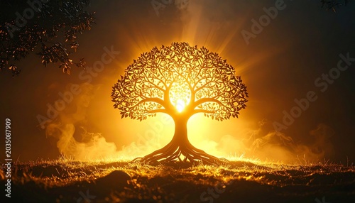 Tree of Life Illumination. Intricate glowing paper tree surrounded by mystical smoke and radiant warm fantasy light.