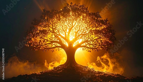 Tree of Life Illumination. Intricate glowing paper tree surrounded by mystical smoke and radiant warm fantasy light.