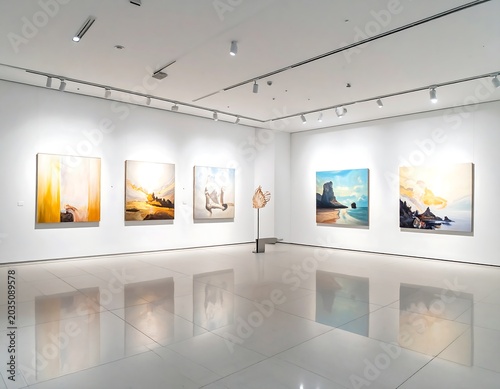 Bright Contemporary Art Paintings Displayed in Minimalist White Gallery Interior