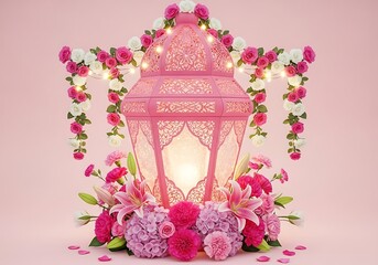Pink lantern with flowers and fairy lights on light pink background