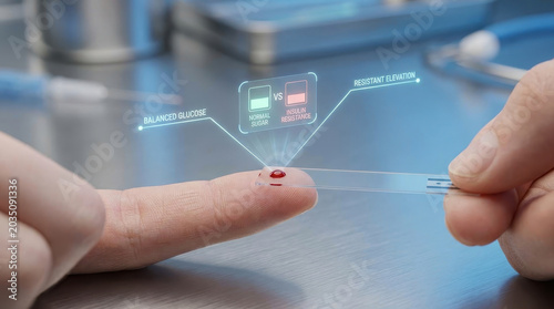 Normal blood sugar vs insulin resistance concept showing drop of blood on finger with test strip and digital glucose monitoring in medical environment