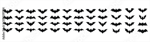 Large Halloween spooky bat silhouettes collection with black flying vampire bats for horror party decoration and scary backdrop vector set