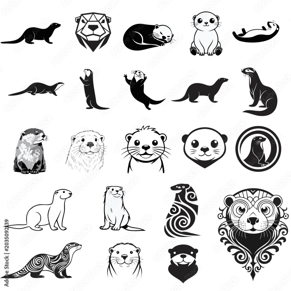Fototapeta premium Premium Black and White Otter Vector Bundle – Minimal Wildlife Line Art Collection Set