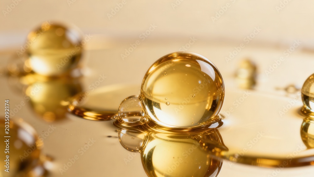 Obraz premium Golden liquid droplets on reflective surface