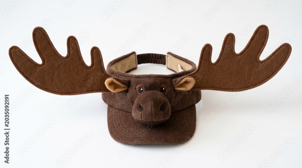 Fototapeta premium Brown plush moose visor hat with antlers isolated on white background