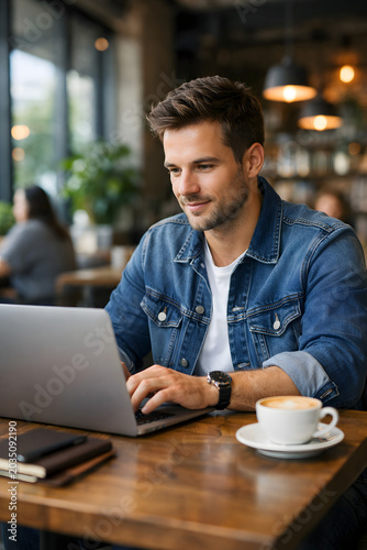 a young man typing laptop.