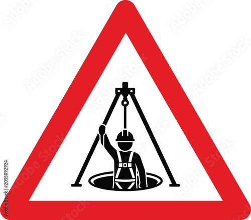 Manhole safety warning sign construction worker in harness entering confined space hazard symbol for work safety and danger vector illustration