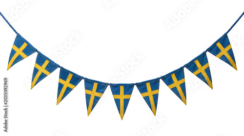 Colorful triangular bunting flags hanging on string outdoor celebration decoration