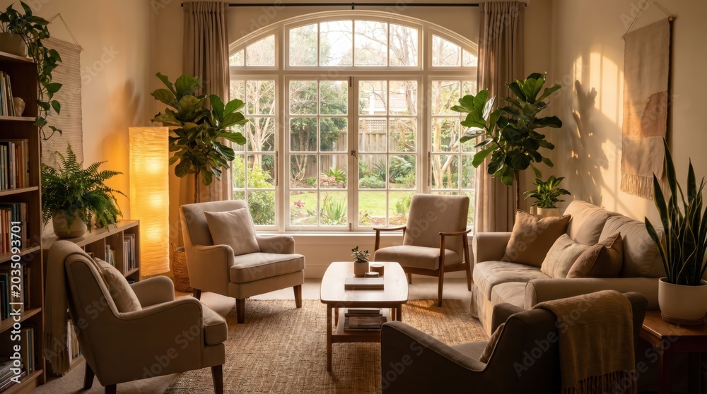 Fototapeta premium Cozy living room seating arrangement with large arched window overlooking garden and warm ambient lighting