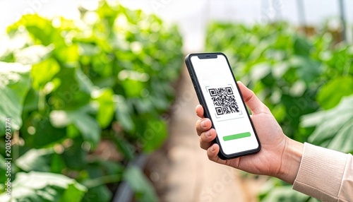 A person holds a smartphone displaying a QR code within a vibrant greenhouse setting, showcasing modern agricultural technology and connectivity.