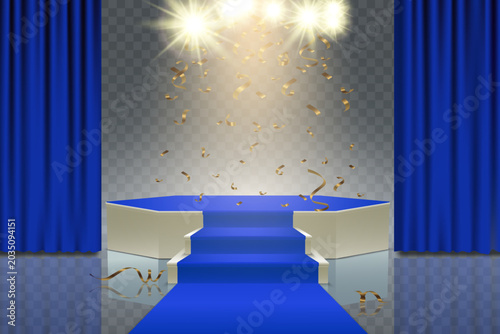 Modern stage with blue carpet, podium, curtains, spotlights, and golden confetti falling