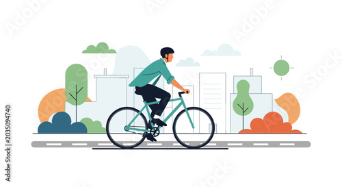 Man Cycling in City with Greenery and Buildings