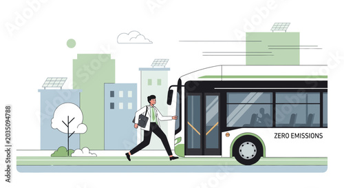 Man running to catch zero emission bus in modern city