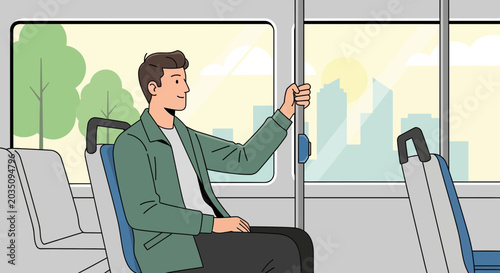Man traveling on public transport, holding on to railing inside bus