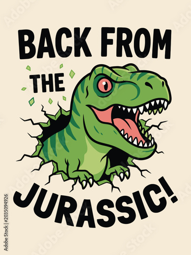 Tyrannosaurus rex illustration breaking through cracked wall vibrant green and black vector graphic dinosaur theropod reptile prehistoric jurassic paleontology extinct animal creature